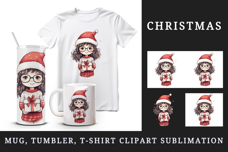 Watercolor cute girl Christmas gift box Santa Claus helper hat New Year 20 oz tumbler skinny mug wrap clipart t-shirt sublimation printable design