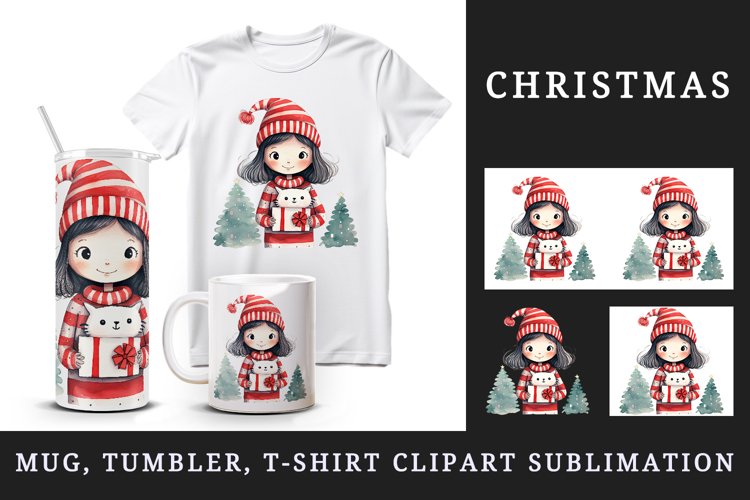 Watercolor cute girl Christmas tree gift box Santa Claus cat New Year 20 oz tumbler skinny mug wrap clipart t-shirt sublimation printable design