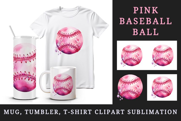 Watercolor cute glamour pink baseball ball sparkle shining diamonds 20oz tumbler skinny mug wrap clipart t-shirt sublimation printable design