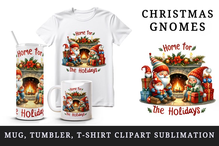 Watercolor cute gnome family fireplace presents gifts Christmas quote print 20 oz tumbler skinny mug wrap clipart t-shirt sublimation printable design