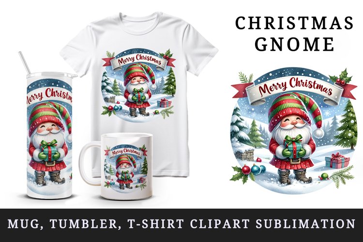 Watercolor cute gnome holding gift box snowy Merry Christmas quote print 20 oz tumbler skinny mug wrap clipart t-shirt sublimation printable design