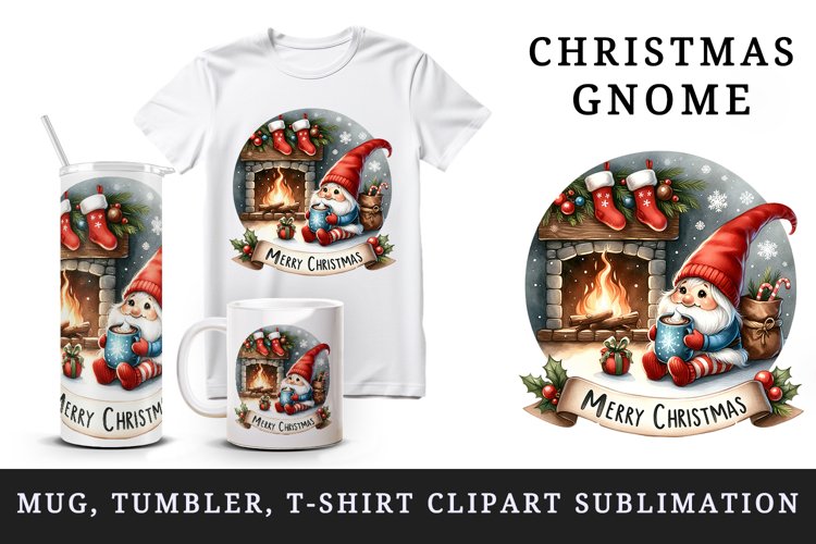Watercolor cute gnome hot cocoa fireplace Merry Christmas quote print 20 oz tumbler skinny mug wrap clipart t-shirt sublimation printable design