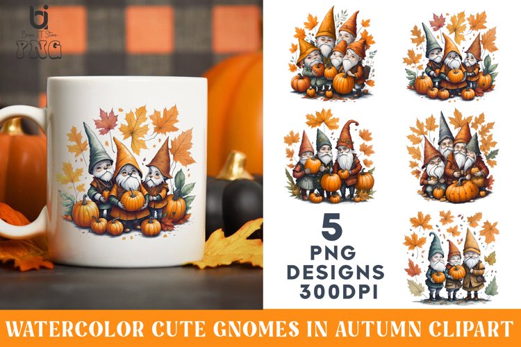 Watercolor Cute Gnomes in Autumn Clipart, Autumn Mug PNG
