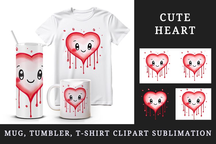 Watercolor cute heart kawaii cartoon character love 20 oz tumbler skinny mug wrap clipart t-shirt sublimation printable design