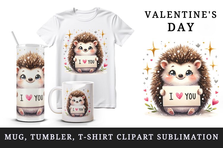 Watercolor cute hedgehog sparkle hearts I Love You quote Valentine Day print 20oz tumbler skinny mug wrap clipart t-shirt sublimation printable design