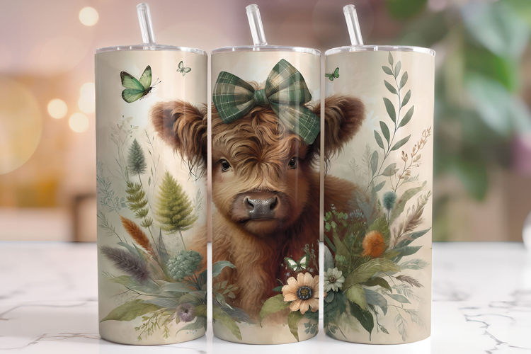 Floral Highland Cow Tumbler Wrap, Cute Highland Cow Tumbler