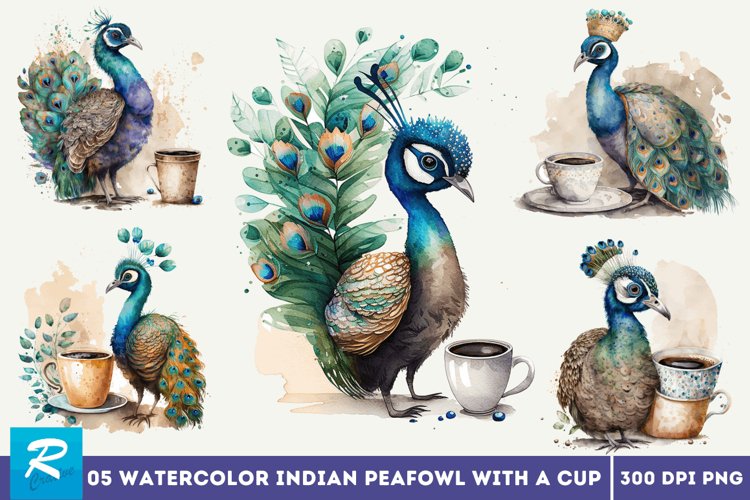 Watercolor Cute Indian Peafowl with a Cup Clipart Bundle