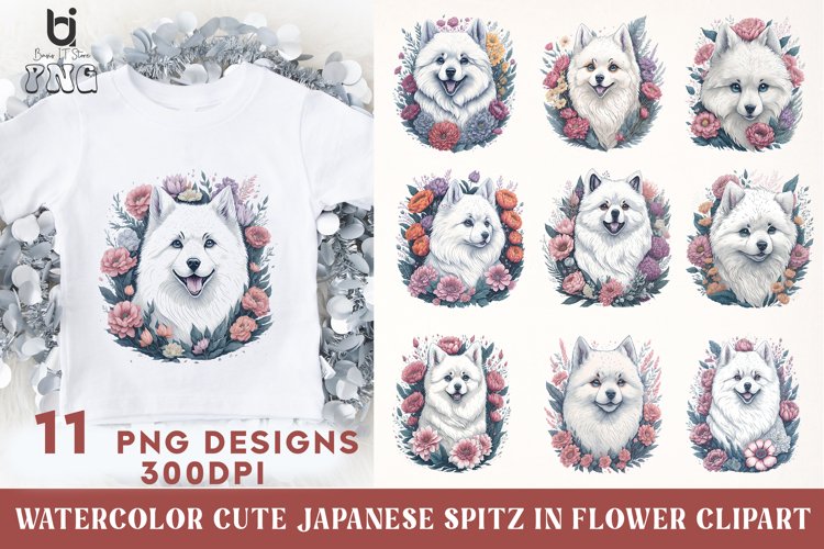 Watercolor Cute Japanese Spitz in Flower Clipart,