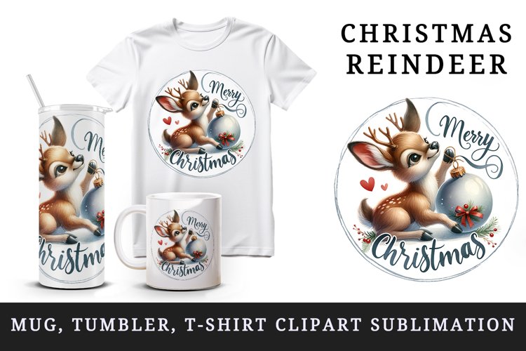Watercolor cute joyful reindeer playing bauble Merry Christmas quote print 20 oz tumbler skinny mug wrap clipart t-shirt sublimation printable design