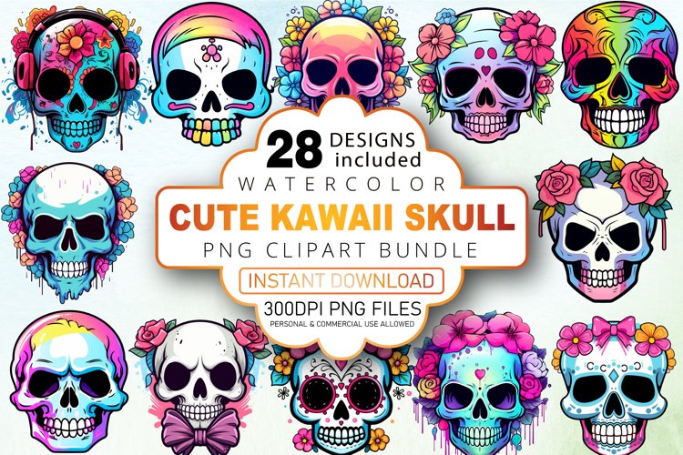 Watercolor Cute Kawaii Skull Clipart Bundle