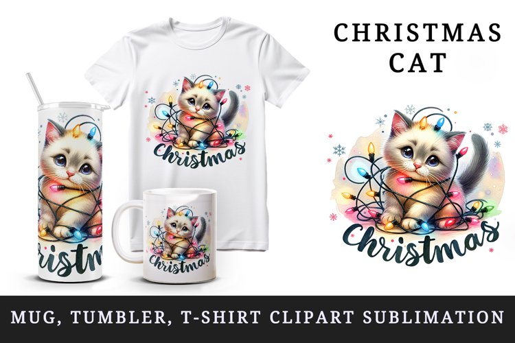 Watercolor cute kitten cat tangled in Christmas lights word quote print 20 oz tumbler skinny mug wrap clipart t-shirt sublimation printable design