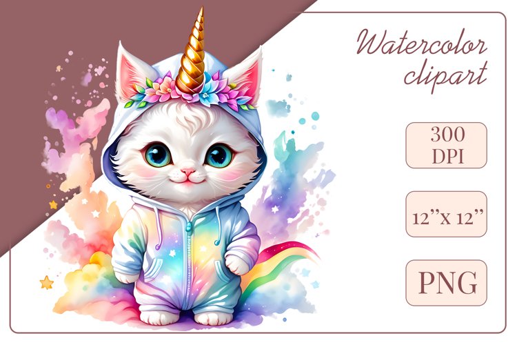 Explore the whimsical world of this charming watercolor clipart featuring an adorable kitten dressed in a magical unicorn pajama. Perfect for various creative projects including greeting cards, illustrations, fabric prints, event invitations, scrapbooking