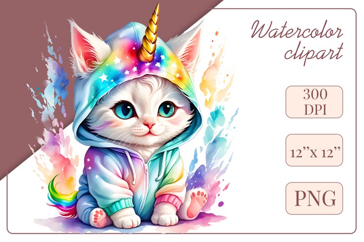 Explore the whimsical world of this charming watercolor clipart featuring an adorable kitten dressed in a magical unicorn pajama. Perfect for various creative projects including greeting cards, illustrations, fabric prints, event invitations, scrapbooking