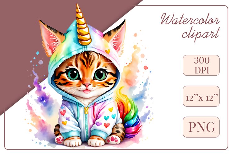 Explore the whimsical world of this charming watercolor clipart featuring an adorable kitten dressed in a magical unicorn pajama. Perfect for various creative projects including greeting cards, illustrations, fabric prints, event invitations, scrapbooking