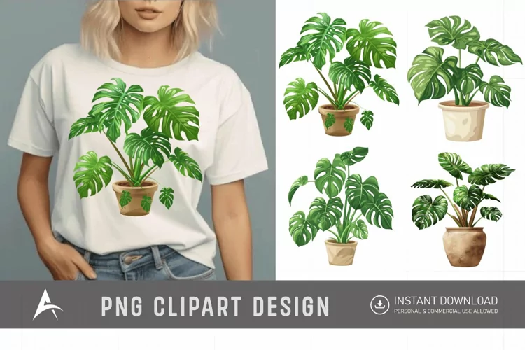 Watercolor Cute Monstera In A Pot Tropical Plant Clipart