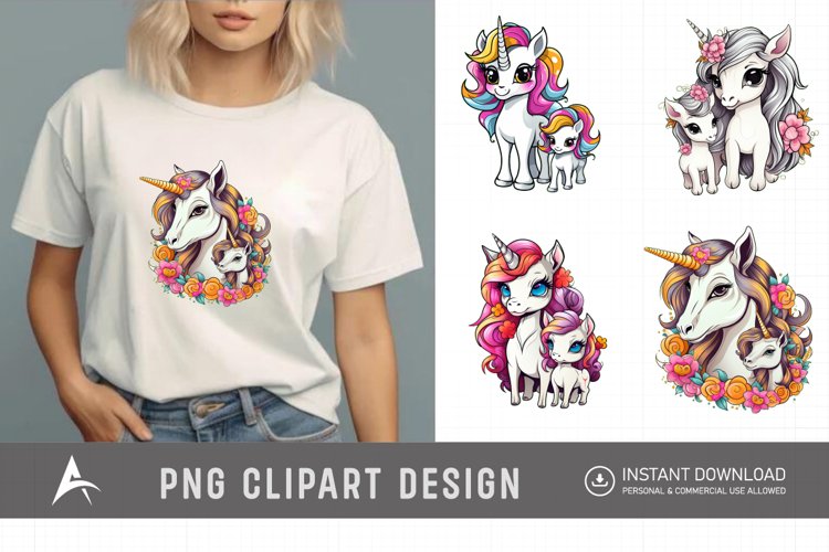 Watercolor Cute Mother and Baby Unicorns Clipart