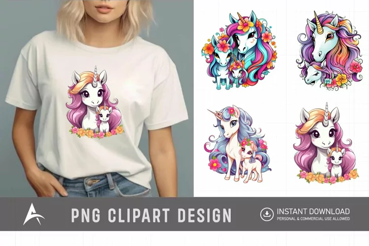 Watercolor Cute Mother and Baby Unicorns Clipart