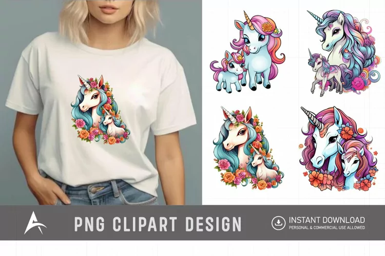 Watercolor Cute Mother and Baby Unicorns Clipart
