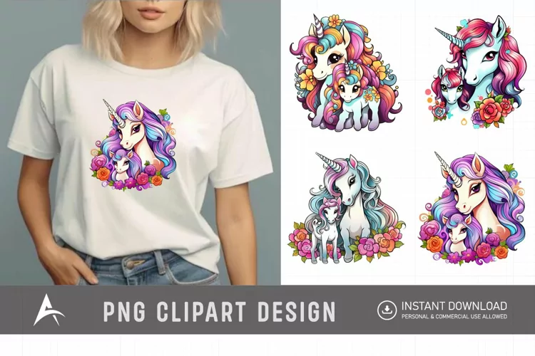 Watercolor Cute Mother and Baby Unicorns Clipart