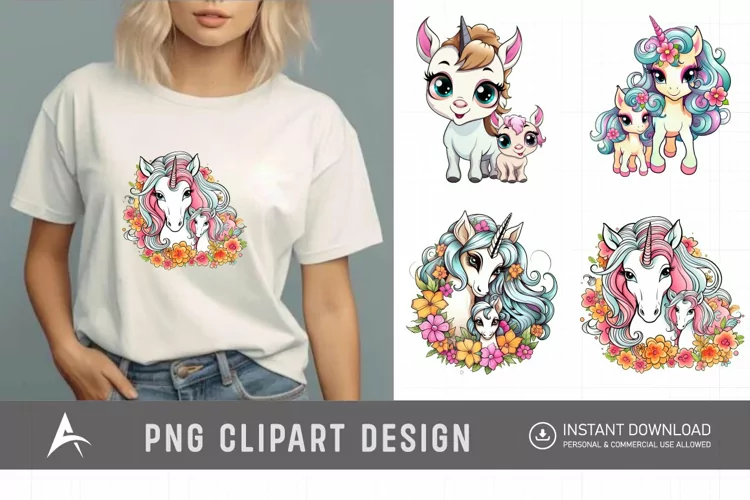 Watercolor Cute Mother and Baby Unicorns Clipart