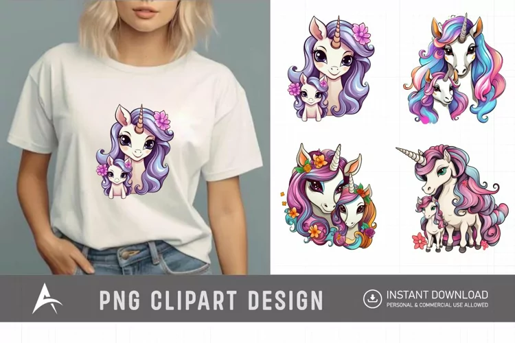 Watercolor Cute Mother and Baby Unicorns Clipart