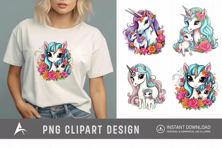 Watercolor Cute Mother and Baby Unicorns Clipart