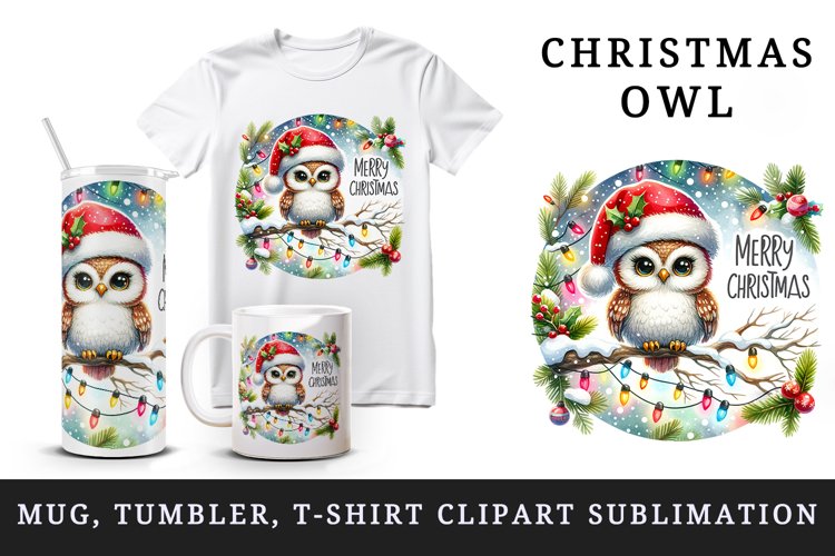 Watercolor cute owl Santa hat lights Merry Christmas greeting quote print 20 oz tumbler skinny mug wrap clipart t-shirt sublimation printable design