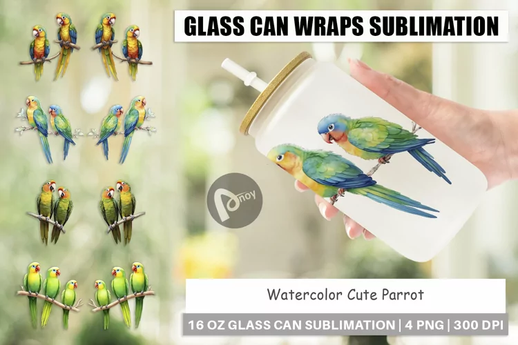 Glass Can Wraps Watercolor Parrot