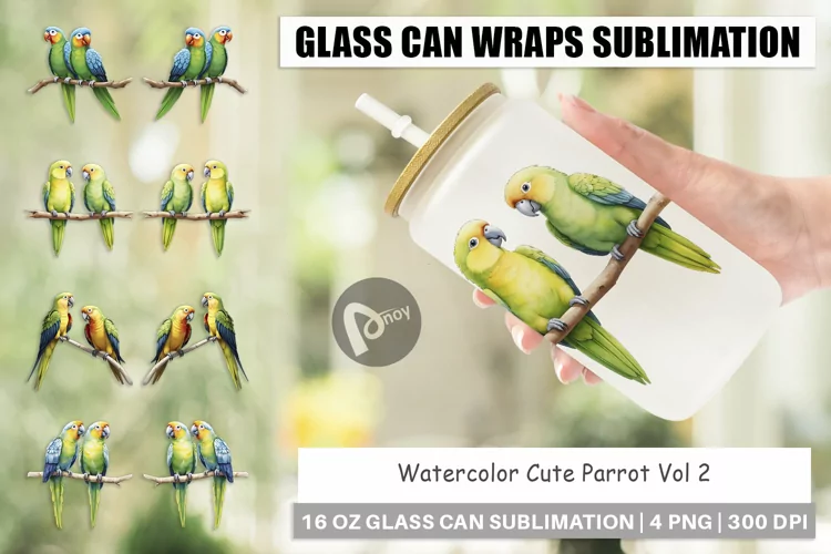 Glass Can Wraps Watercolor Parrot