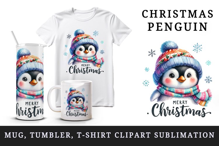Watercolor cute penguin hat scarf Merry Christmas greeting quote print 20 oz tumbler skinny mug wrap clipart t-shirt sublimation printable design