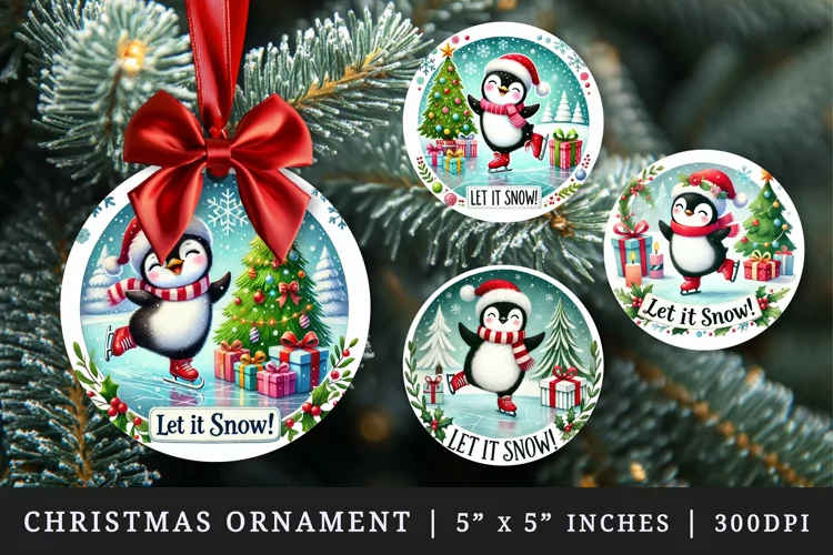 Penguin Christmas ornaments sublimation, round ornament png