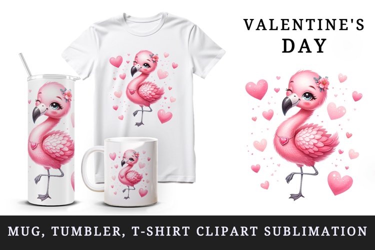 Watercolor cute pink flamingo necklace heart Love Valentine Day quote print 20 oz tumbler skinny mug wrap clipart t-shirt sublimation printable design