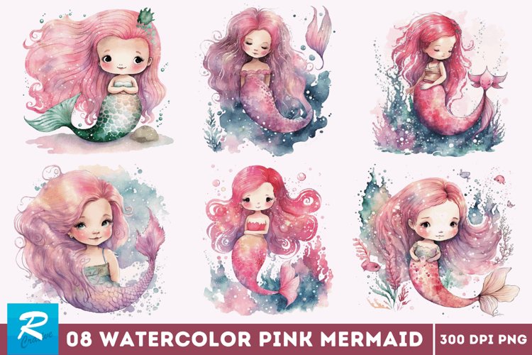Watercolor Cute Pink Mermaid Clipart Bundle
