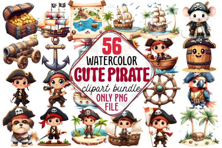 Watercolor Cute Pirate Clipart Bundle PNG