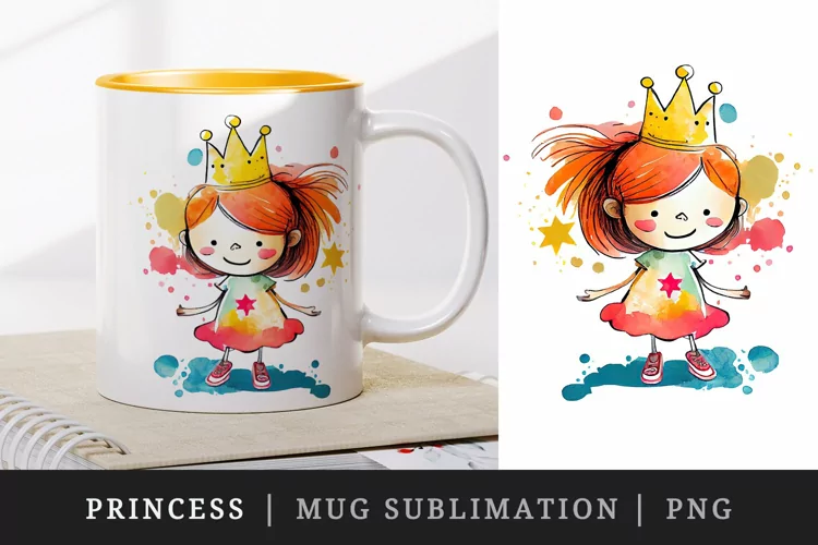 Watercolor princess mug, cup wrap sublimation design png