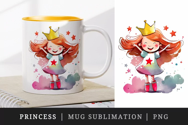 Watercolor princess mug, cup wrap sublimation design png