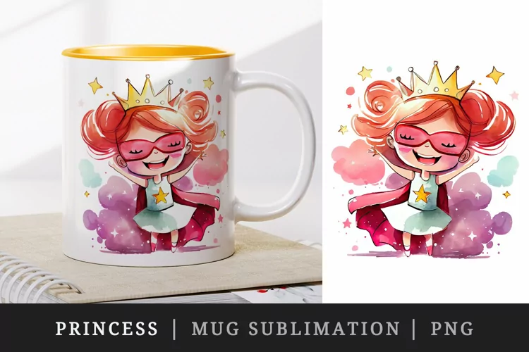 Watercolor princess mug, cup wrap sublimation design png