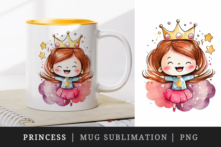 Watercolor princess mug, cup wrap sublimation design png