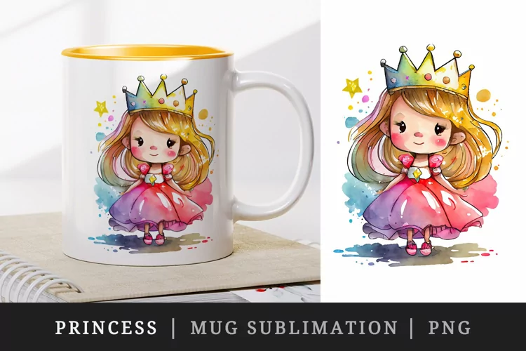 Watercolor princess mug, cup wrap sublimation design png