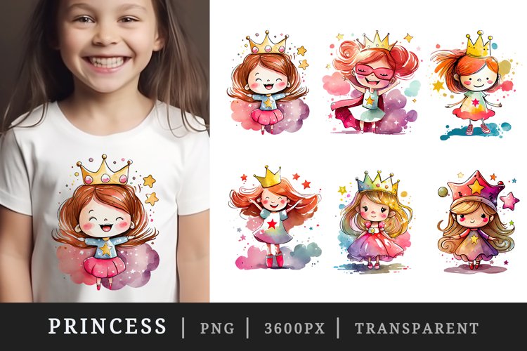 Watercolor princess t-shirt sublimation print designs bundle