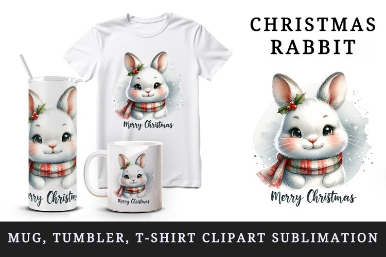 Watercolor cute rabbit cozy scarf Merry Christmas quote print 20 oz tumbler skinny mug wrap clipart t-shirt sublimation printable design
