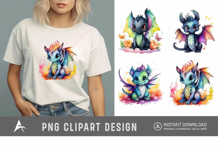 Watercolor Cute Rainbow Dragon Clipart