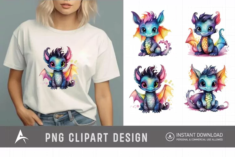 Watercolor Cute Rainbow Dragon Clipart