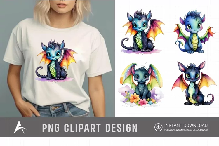 Watercolor Cute Rainbow Dragon Clipart