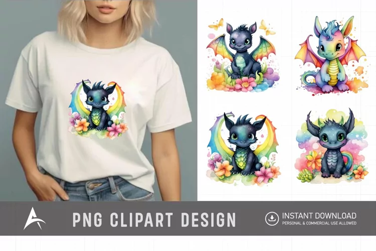 Watercolor Cute Rainbow Dragon Clipart