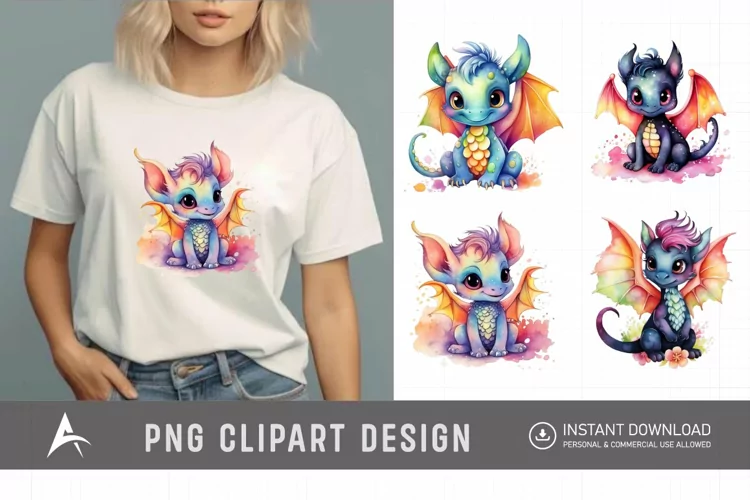 Watercolor Cute Rainbow Dragon Clipart