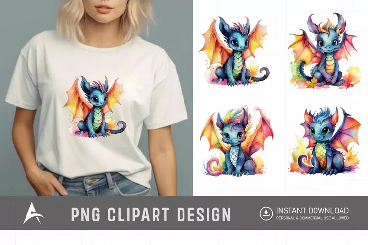 Watercolor Cute Rainbow Dragon Clipart