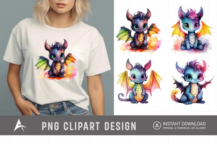 Watercolor Cute Rainbow Dragon Clipart