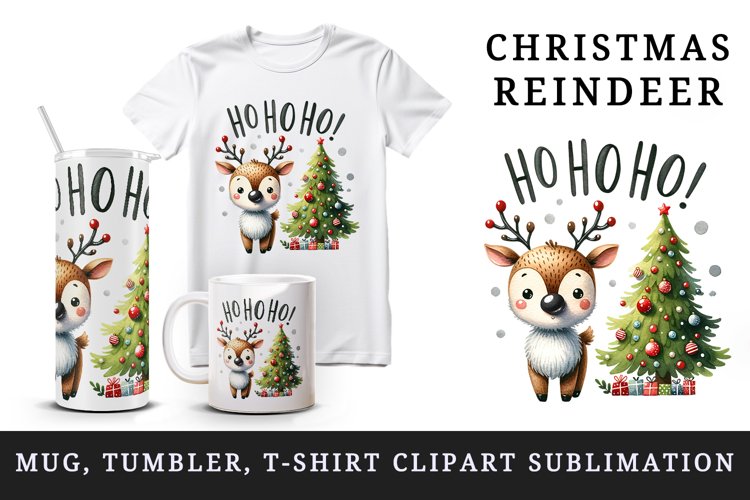 Watercolor cute reindeer decorated Christmas tree Ho Ho Ho quote print 20 oz tumbler skinny mug wrap clipart t-shirt sublimation printable design