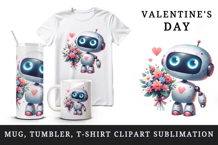 Watercolor cute robot bouquet of flowers heart love Valentine Day print 20 oz tumbler skinny mug wrap clipart t-shirt sublimation printable design